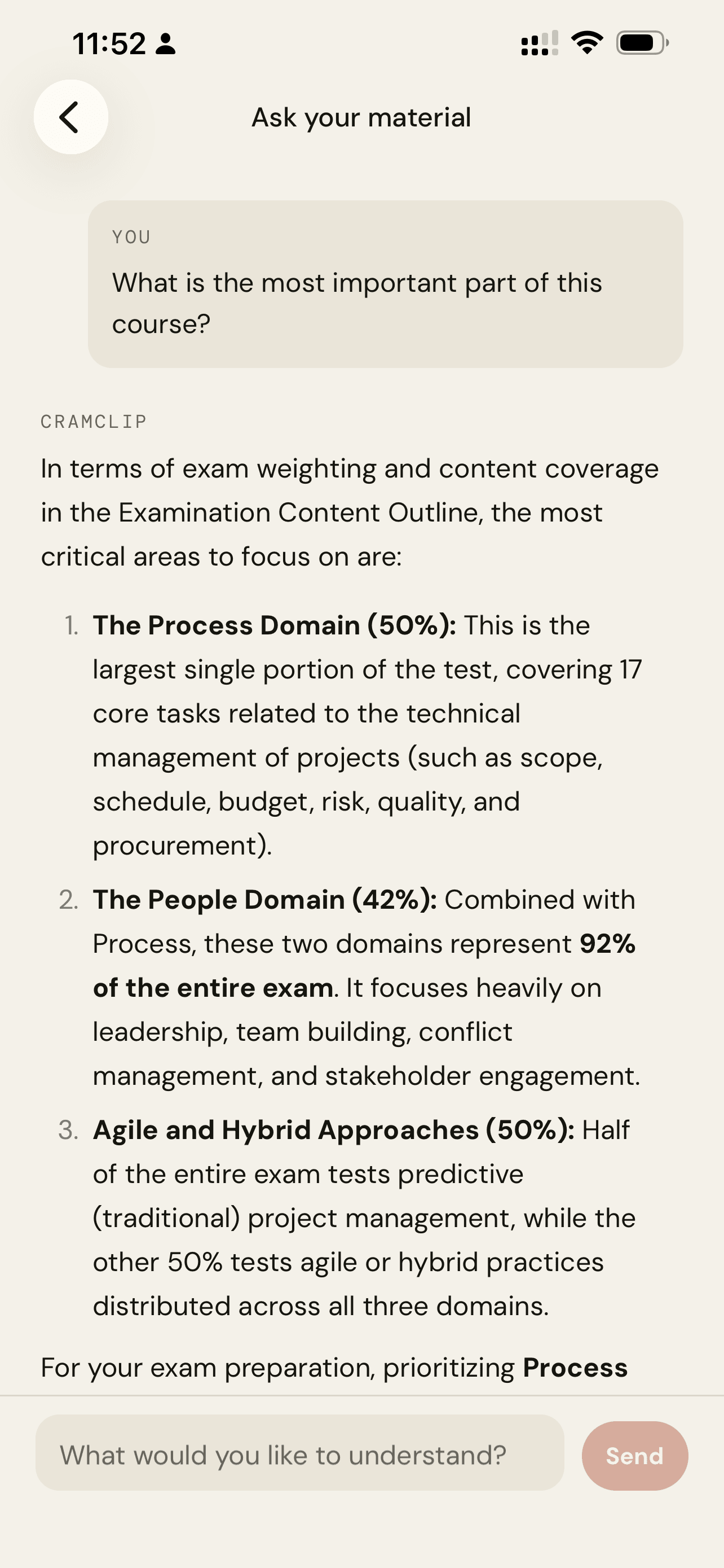 CramClip Ask AI answering a question about PMP exam weighting, citing the user's own uploaded outline.